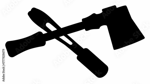 Silhouette image featuring an axe crossed over a splitting maul on a white background view