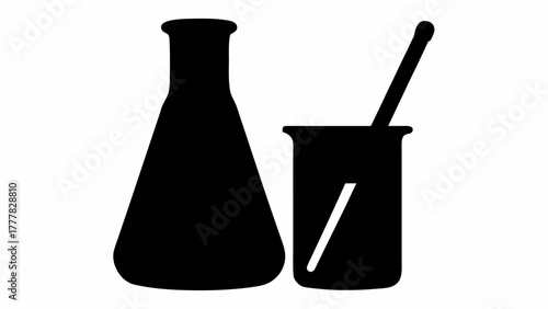 Illustration of a flask and a beaker with a stirring rod used in chemistry experiments shown in black