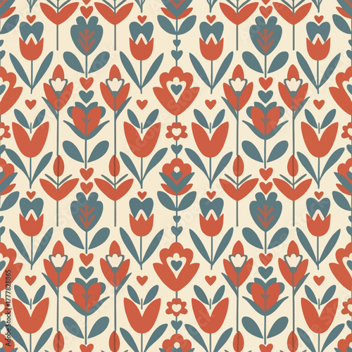 A seamless repeating pattern featuring stylized tulips and hearts in a folk art style with a muted color palette of terracotta, teal, and cream.