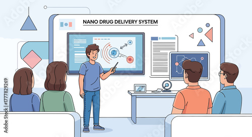 Illustration of a scientific presentation on nano drug delivery system with audience