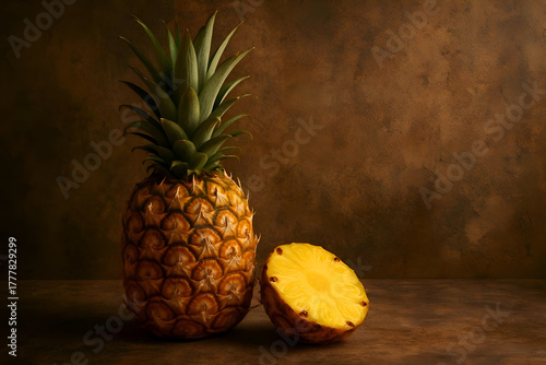 Pineapple and a pineapple slice on a wooden table over grunge wall background with copy space.