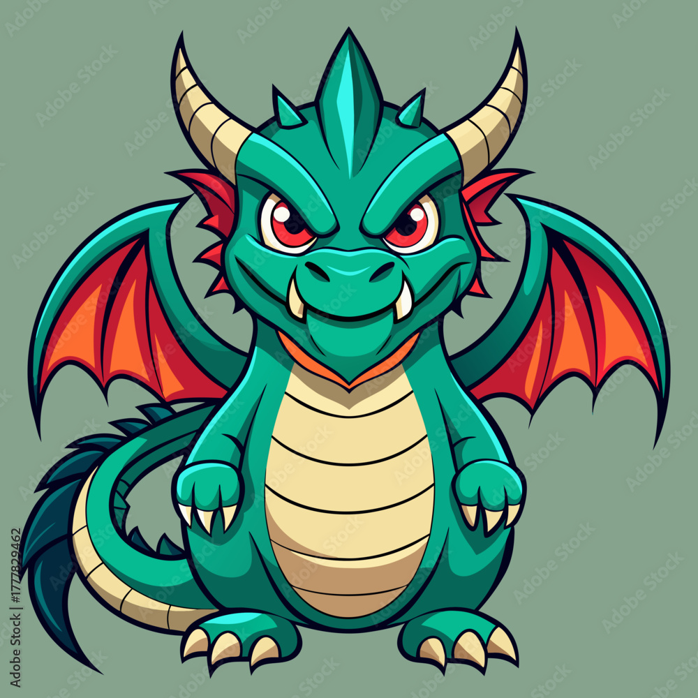 Obraz premium Cute green dragon with red wings and fierce eyes