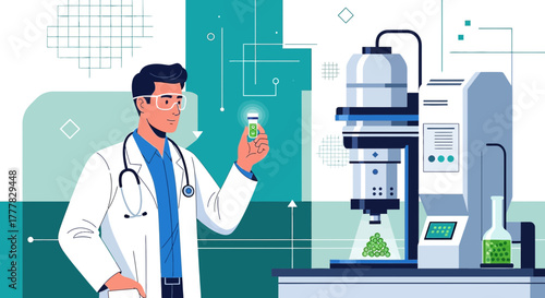 Illustration of a Scientist Examining a Medication Next to Scientific Equipment with Modern Design