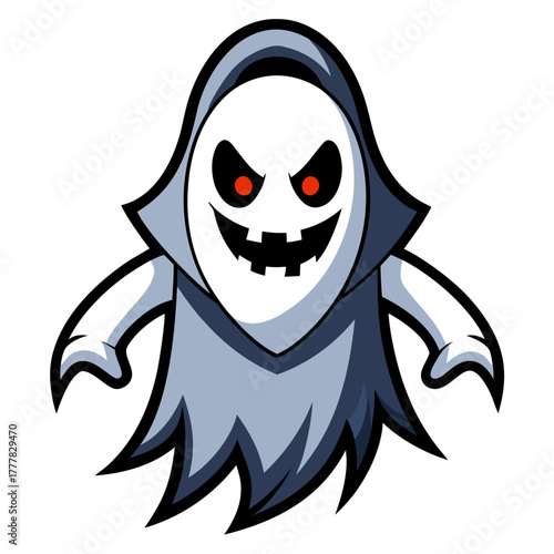 Spooky ghost character with glowing red eyes and grinning mouth