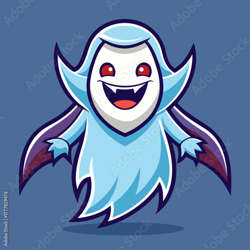 Cute cartoon vampire ghost character with red eyes and fangs