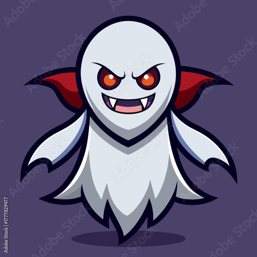 Cute cartoon vampire ghost with red cape and fangs