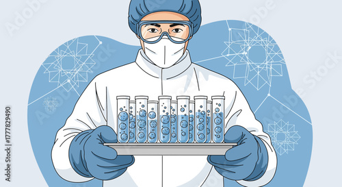 Illustration of a scientist holding test tubes with liquid, representing medical research