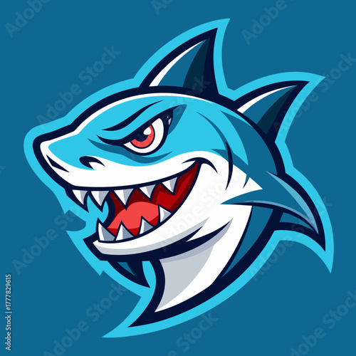 Fierce blue shark mascot with sharp teeth and red eyes