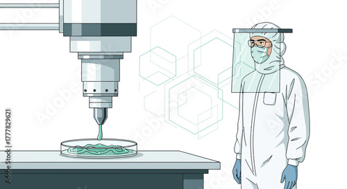 Illustration of a scientist in clean suit performing research in a laboratory environment and