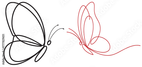single line drawing of two butterflies set, line art vector illustration