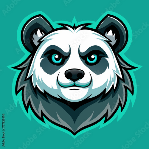 Aggressive panda mascot with bright blue eyes