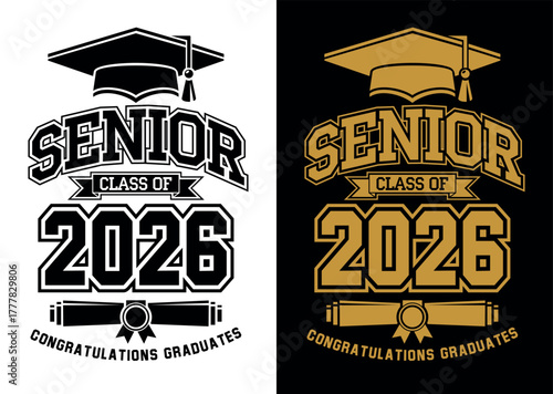Lettering Class of 2026 for greeting, invitation card. Text for graduation design, congratulation event, T-shirt, party, high school or college graduate. Illustration, vector on transparent and black 