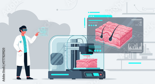 Illustration of a scientist using 3D printing technology to create artificial human skin for