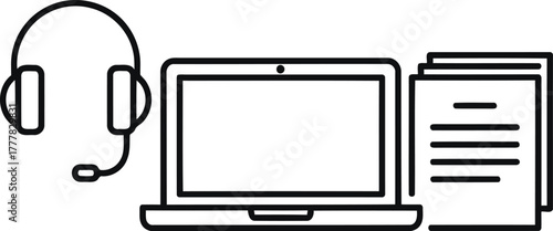 Laptop, headset, and document isolated on transparent background concept of online communication, remote work, and virtual assistance