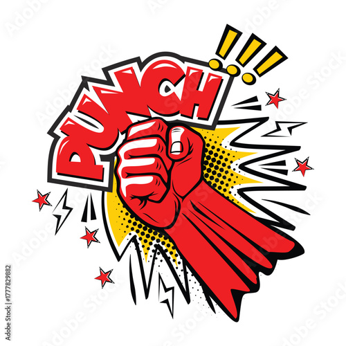 Explosive blow fist, strong punch upward hit, uppercut in comic style. Fist punching, punch strong fist. Vector on transparent background