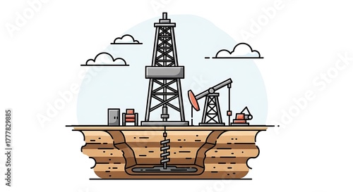 Oil Rig and Pumpjack Illustration - Energy Extraction and Industry.