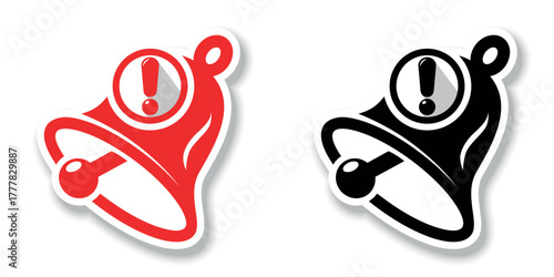 Notification bell about important event. Red and black bells with exclamation marks about message arrival. Vector on transparent background