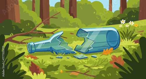 Broken glass bottle in forest