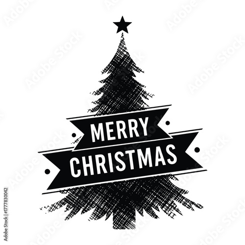 Christmas tree with banner saying merry christmas