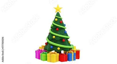 Festive christmas tree decorated with lights and surrounded by colorful presents