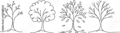 Continuous line art illustration of a single tree transitioning in the four seasons, spring, summer, autumn, and winter, vector art on a white background