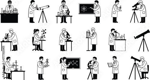 Scientists conducting experiments with microscopes telescopes and beakers laboratory research