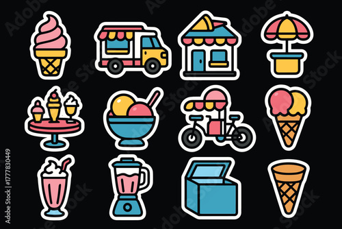 Colorful ice cream icon set featuring food truck and dessert symbols on black background