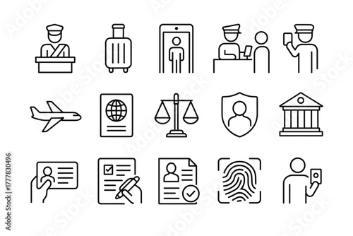 Border control and travel security icons set in linear style