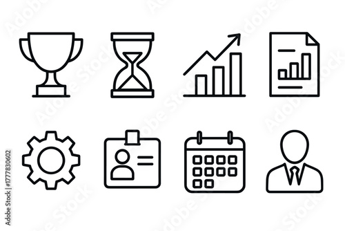 Minimalist business and productivity icons trophy, growth, calendar, and more