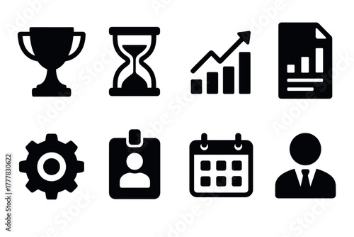 Collection of black business icons trophy, graphs, calendar, and more