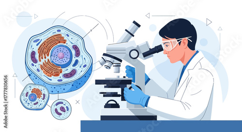 Illustration of a scientist using a microscope to analyze cells in a laboratory setting
