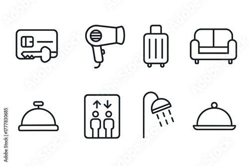 Essential hotel amenities icons for modern travel in minimalist line style