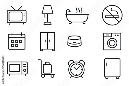 Minimalist home appliance and furniture icons set in black line art style