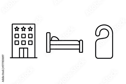 Minimalist line icons of hotel, bed, and door hanger for modern design projects