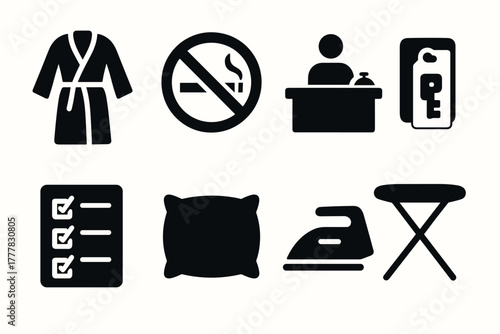 Hotel symbols checkin, no smoking, amenities, and services icon set