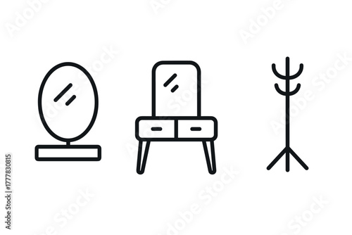 Modern linear icons of home furniture featuring mirror, vanity table, and coat stand