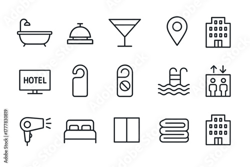 Linear hotel and travel icons amenities, services, and locations
