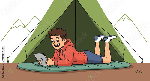 Illustration of a young boy relaxing in a camping tent while using a digital tablet