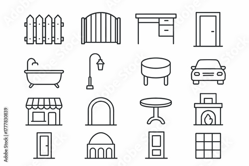 Minimalist home and furniture icons in linear style for design projects