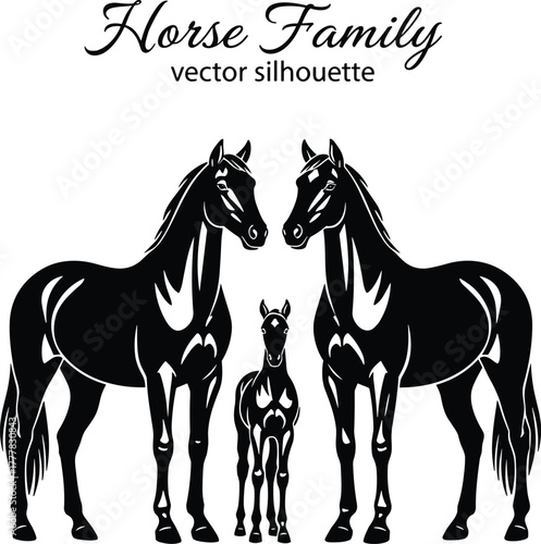 Horse family silhouette, vector horse illustration, foal between parents, equine art, animal family design, black horse clipart, farm animal graphic