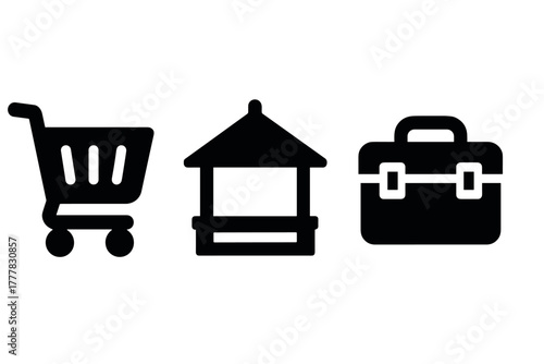 Minimalist icons shopping cart, gazebo, briefcase silhouettes for creative design