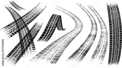 Dynamic tire track imprints isolated on white background, illustrating movement, direction, and the impact of vehicular travel on various surfaces