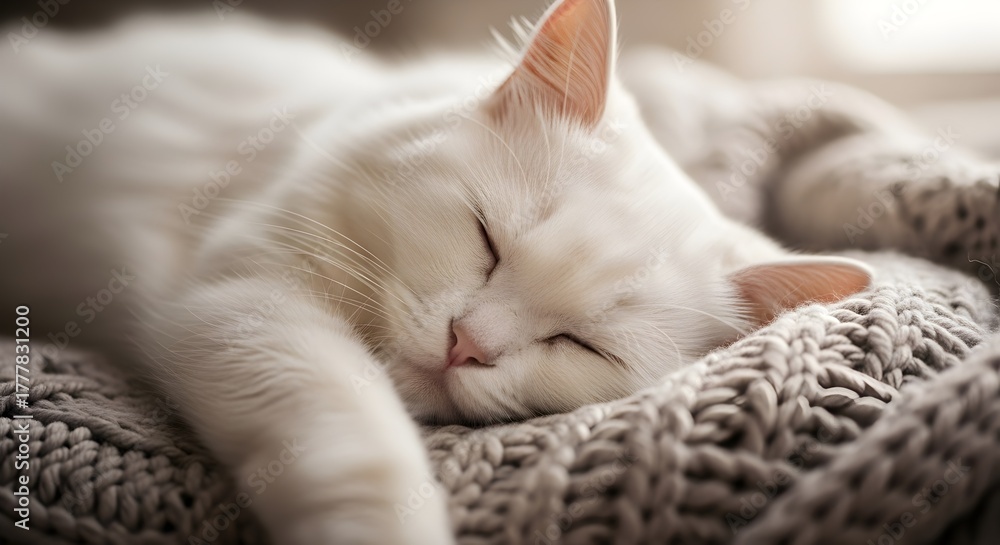 Obraz premium White Persian Cat Sleeping on Cozy Knitted Blanket