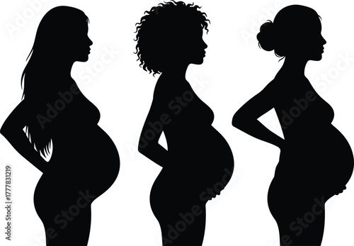 Pregnant woman silhouette, diverse maternity pose, expecting mothers side view, prenatal diversity illustration, pregnancy bundle, motherhood concept, vector art