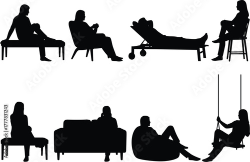 Seated posture silhouettes, people sitting, black vector, therapy chair, bench, swing, couch, interaction, editable, clipart, design, graphic, lifestyle, pose, furniture, relaxed, casual, bundle