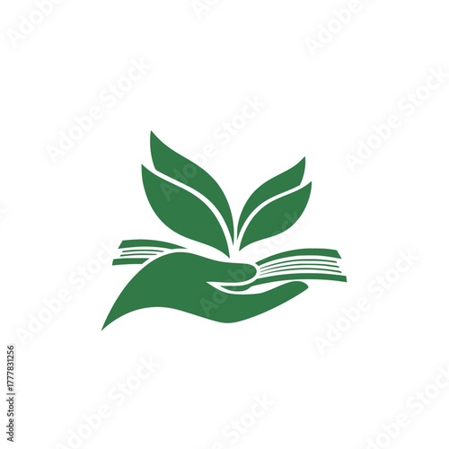Hand holding open book with green leaves sprouting from pages symbolizing growth and learning