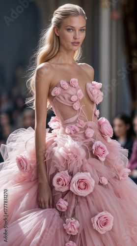 A young Caucasian woman with long blonde hair wears a pink floral gown adorned with roses