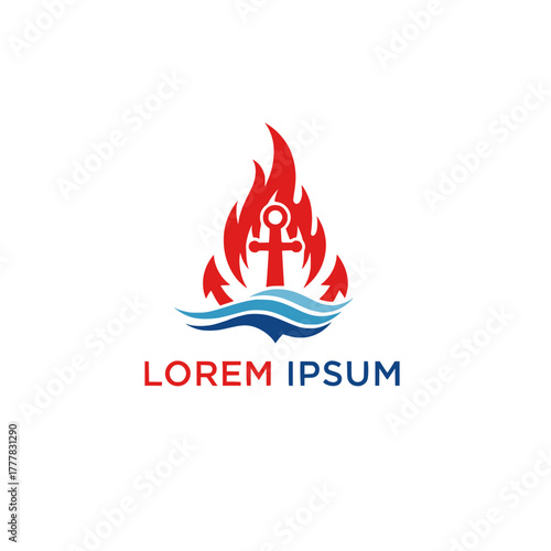 Vector logo design of a flaming red ankh symbol emerging from blue ocean waves, representing the balance of elements like fire and water