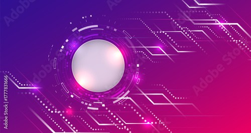 Vibrant futuristic tech background with glowing circular interface and geometric digital lines in pink and purple tones. Ideal for innovation, technology, and modern digital themes.
