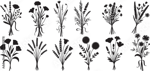 wildflower bouquets silhouette set with minimalist floral decoration elements and various delicate plant stems and leaves vector illustrator